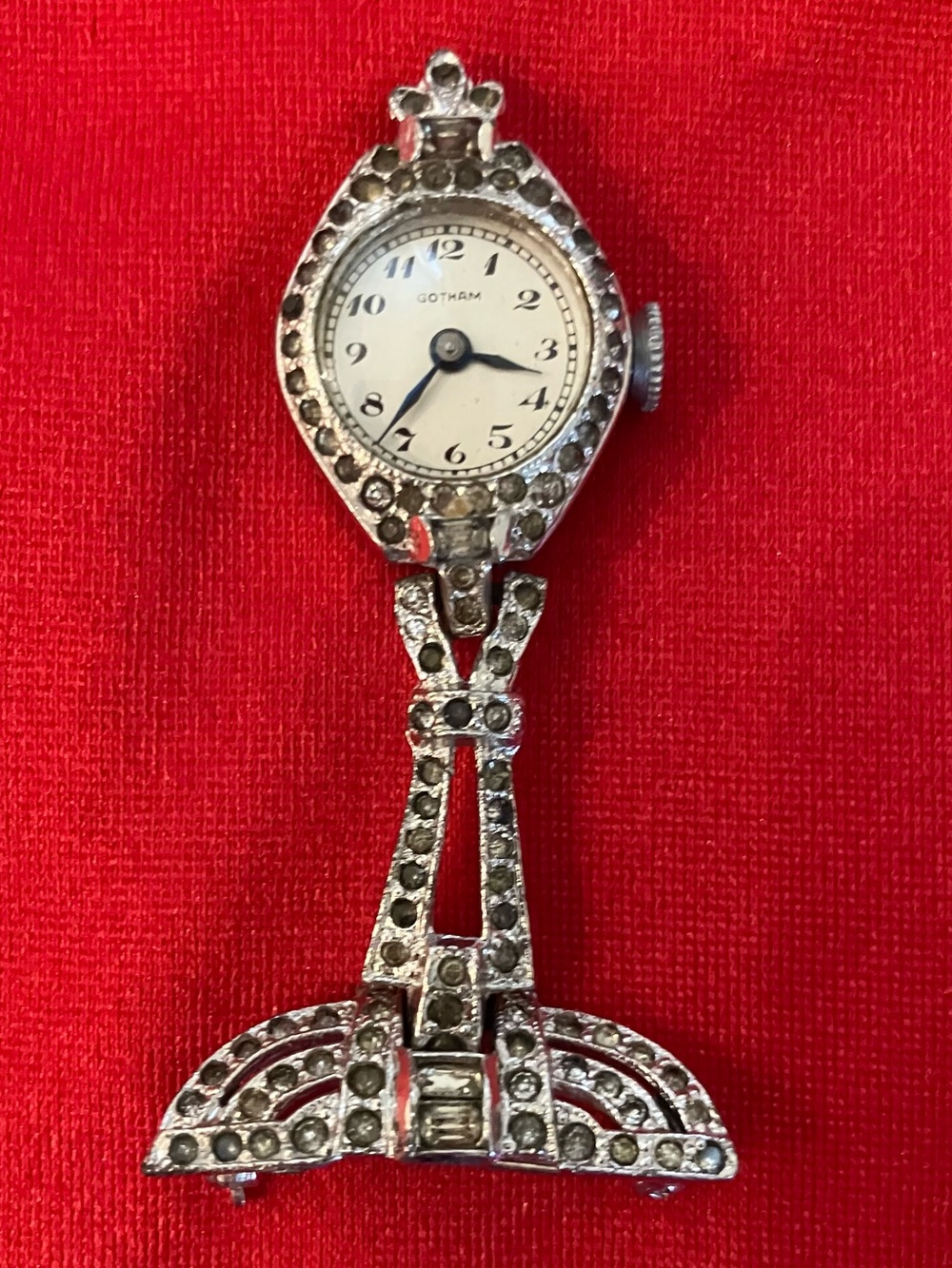 Gotham Crystal Nurse Watch Brooch - Silver Tone with Clear Rhinestones